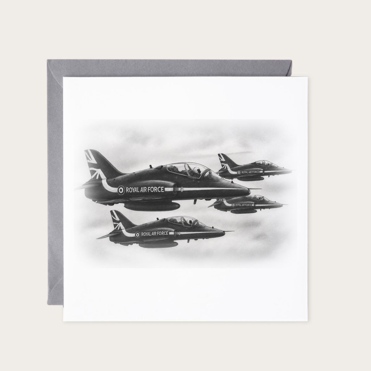 Red Arrows Four-Ship Formation Hand-Drawn Greeting Card — card with grey envelope