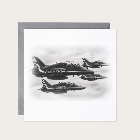 Red Arrows Four-Ship Formation Hand-Drawn Greeting Card — card with grey envelope
