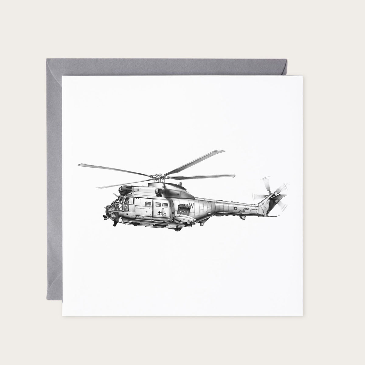 RAF Westland Puma Helicopter Hand-Drawn Greeting Card — card with grey envelope