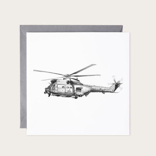 RAF Westland Puma Helicopter Hand-Drawn Greeting Card — card with grey envelope