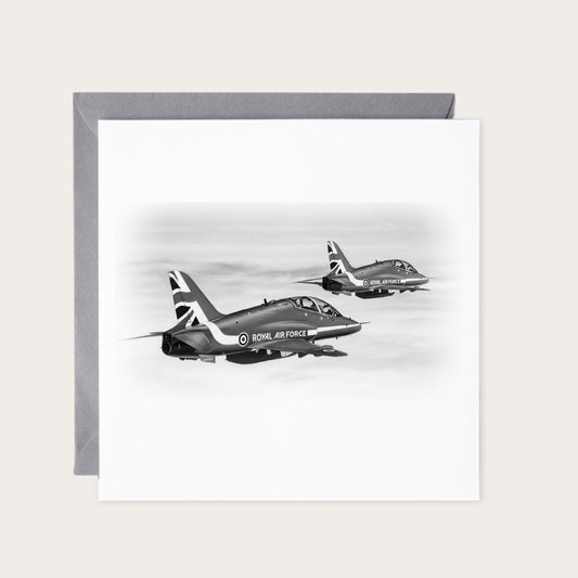 Red Arrows Pair Hand-Drawn Greeting Card — card with grey envelope
