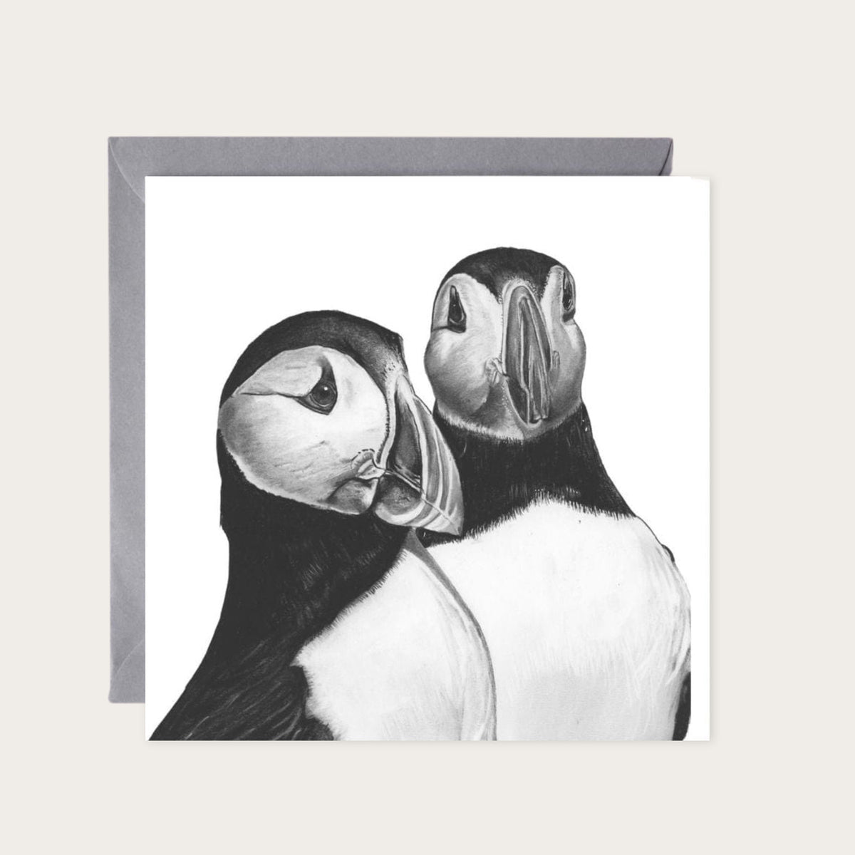 Gemini the Puffins Hand Drawn Wildlife Greeting Card — card with grey envelope