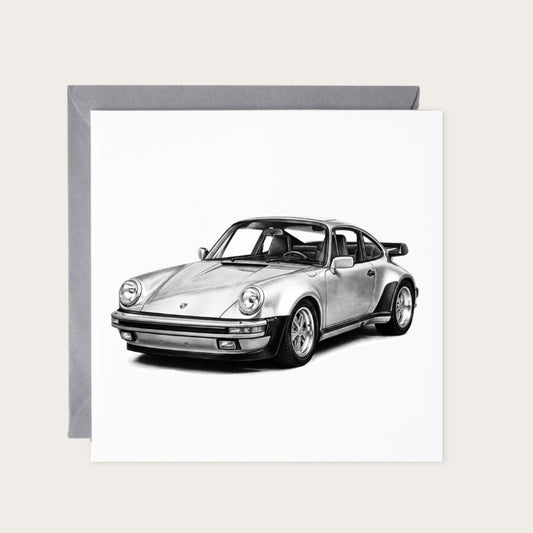 Classic German Sports Car Hand-Drawn Greeting Card – Porsche Edition — card with grey envelope