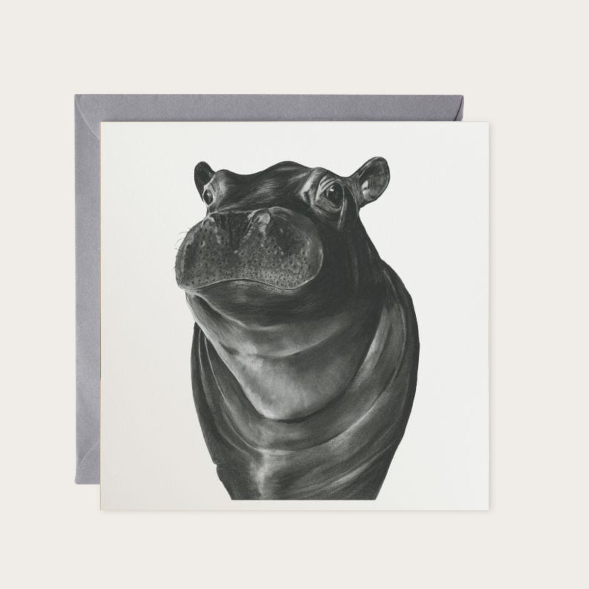 Carina the Hippo Hand-Drawn Greeting Card – Wildlife Art Card — card with grey envelope