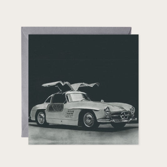 Mercedes Hand-Drawn Greeting Card – Classic Car Art Card — card with grey envelope