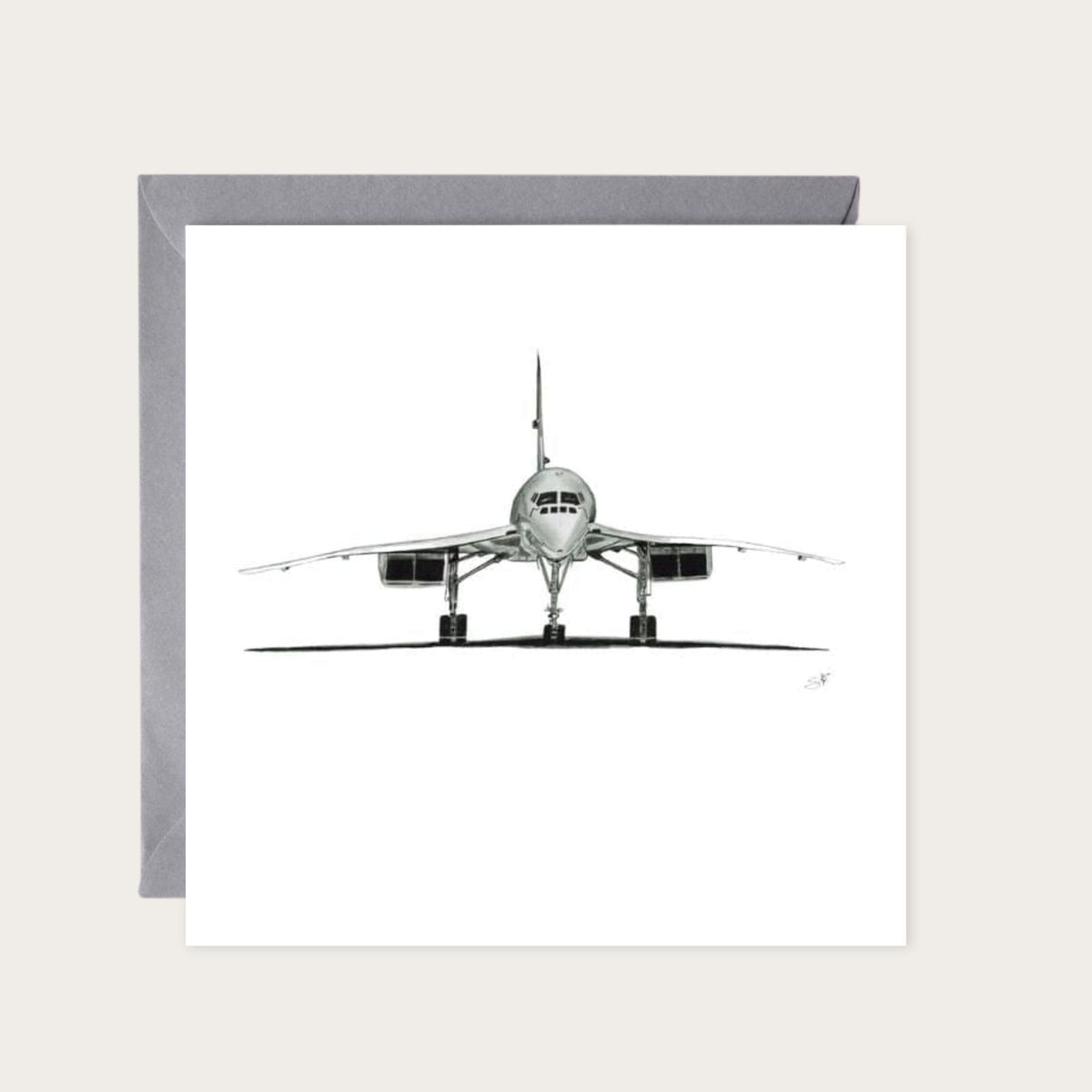 Concorde Hand-Drawn Greeting Card – Iconic Supersonic Aircraft Illustration — card with grey envelope