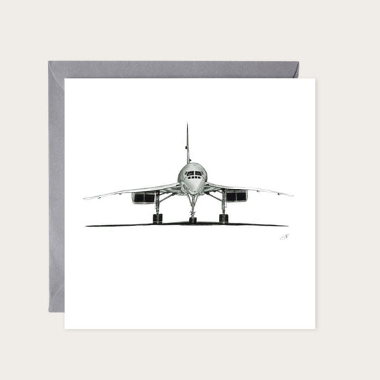 Concorde Hand-Drawn Greeting Card – Iconic Supersonic Aircraft Illustration — card with grey envelope