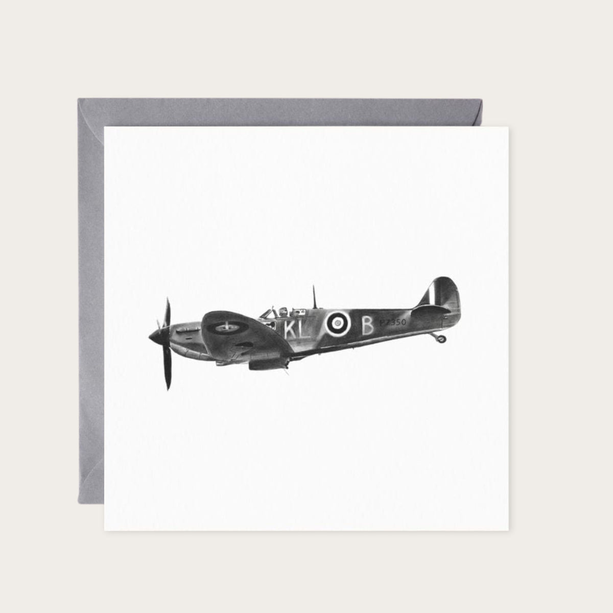 Flying Spitfire Hand-Drawn Greeting Card – Iconic WWII Aircraft Illustration — card with grey envelope