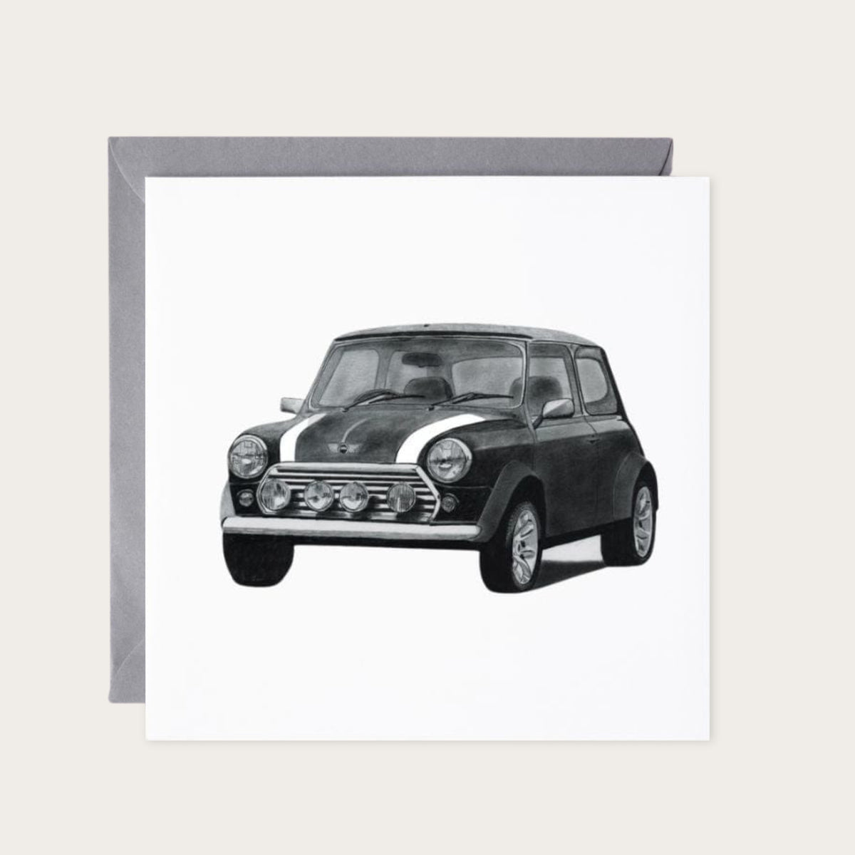 Mini Car Hand Drawn Greeting Card – Classic Iconic Car Illustration — card with grey envelope