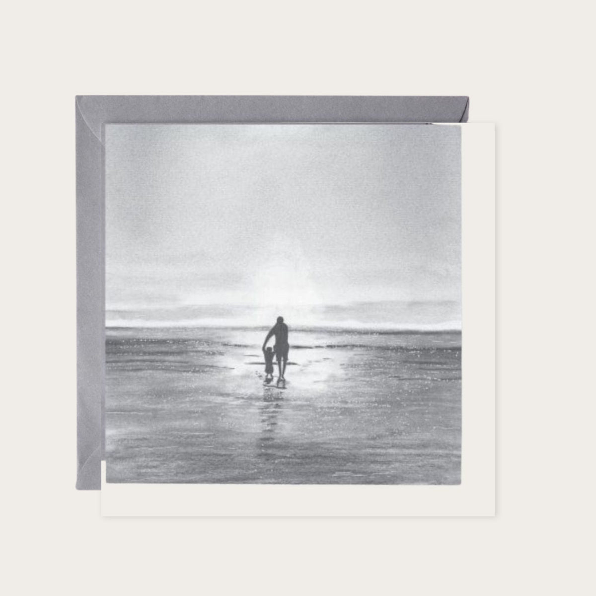 By Your Side Greeting Card – Hand-Drawn Parent and Child on the Seashore — card with grey envelope