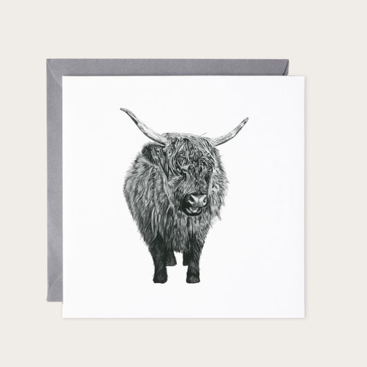 Baby Highland Cow Hand-Drawn Greeting Card – Adorable Countryside Animal Art — card with grey envelope