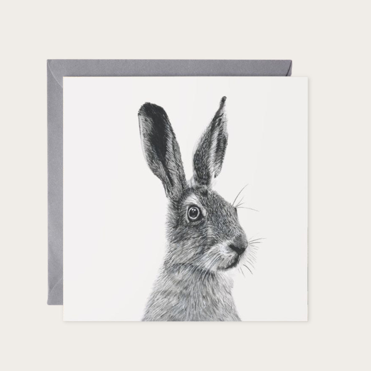 Floras the Hare Greeting Card – Hand Drawn Countryside Wildlife Art for Nature Lovers — card with grey envelope