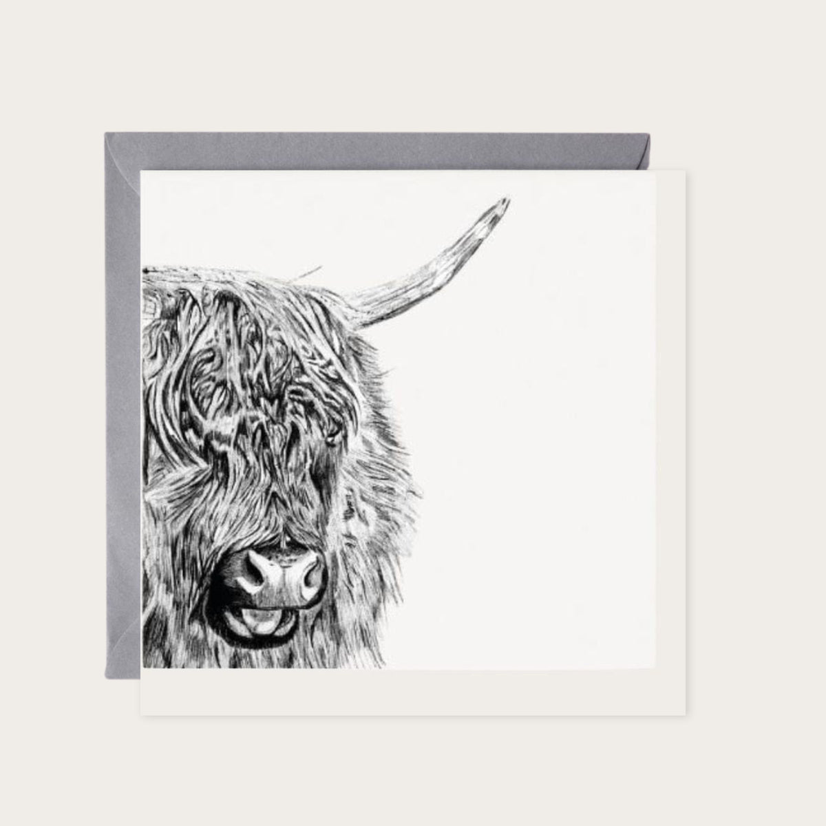 Menkar the Highland Cow Hand Drawn Greeting Card — card with grey envelope