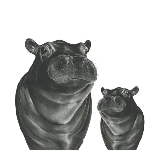 Carina and Baby Hippo Hand-Drawn Greeting Card – A Delightful Wildlife Illustration — card front