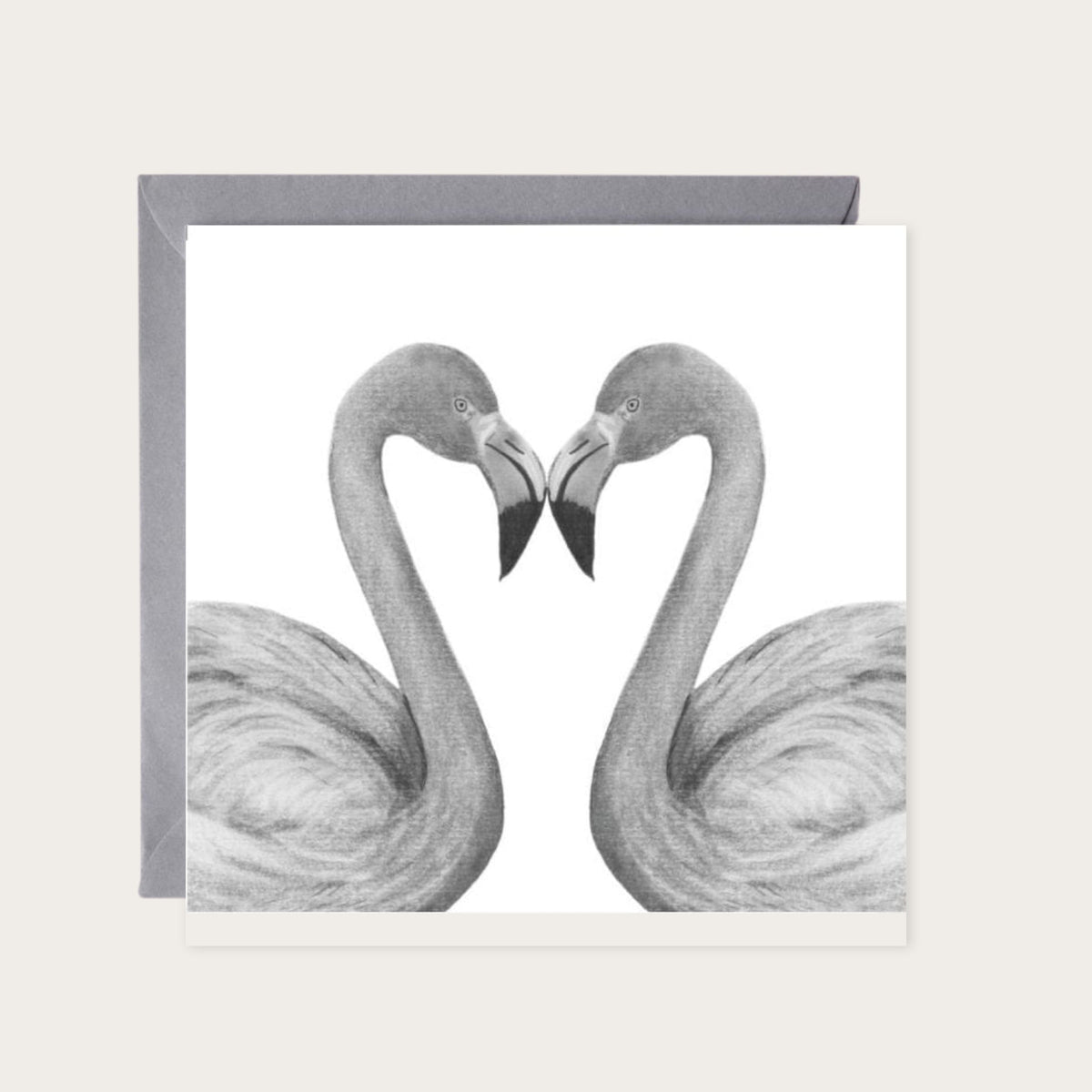Two Flamingos in a Heart Hand-Drawn Greeting Card – A Romantic and Elegant Illustration — card with grey envelope