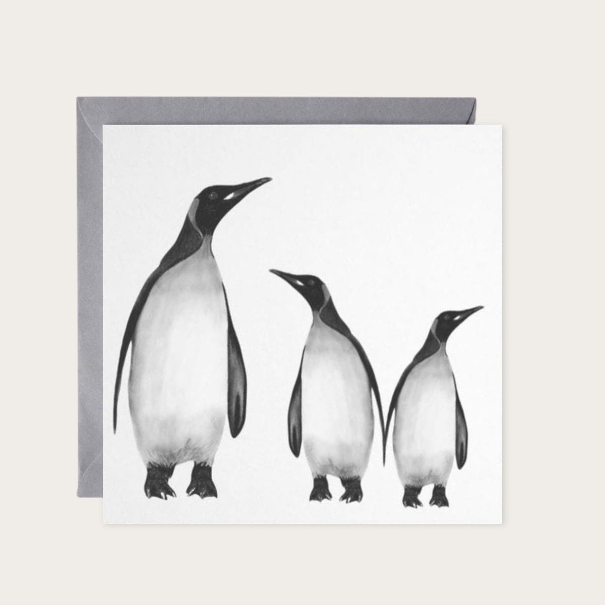 Penguin Family Hand Drawn Greeting Card — card with grey envelope