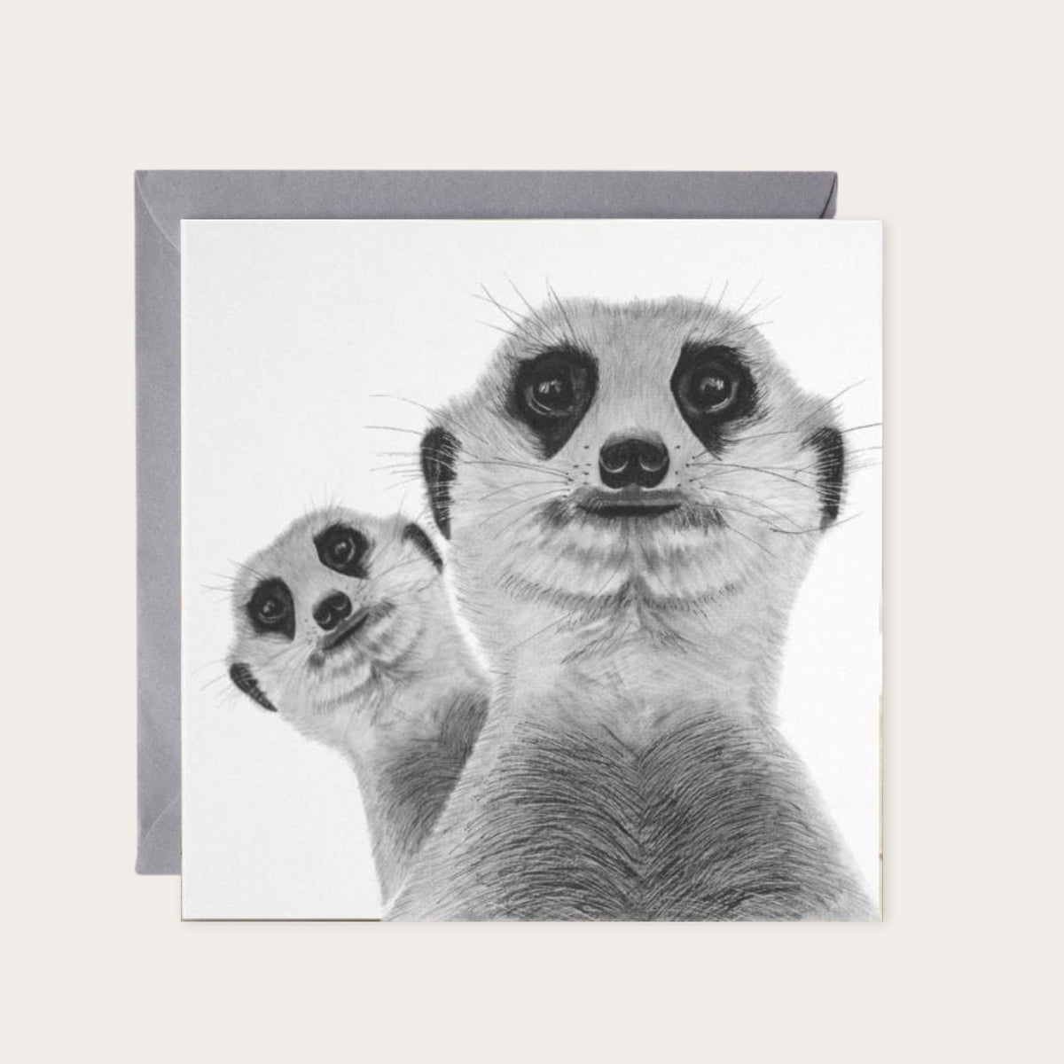 Myra the Meerkat and Baby Greeting Card — card with grey envelope