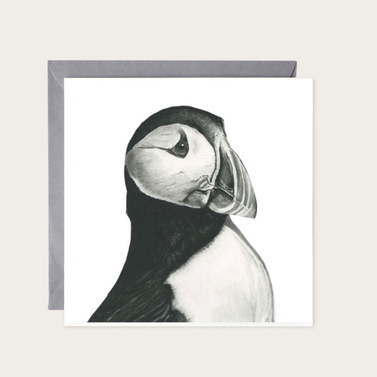 Vela the Puffin Hand Drawn Greeting Card — card with grey envelope