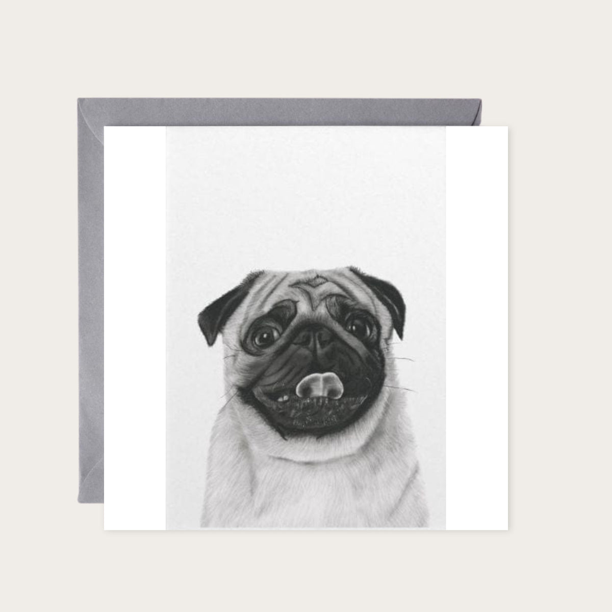 Pug Hand-Drawn Greeting Card – A Charming Illustration — card with grey envelope