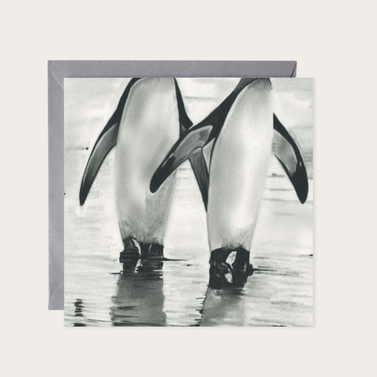 Duo Penguins Hand Drawn Greeting Card — card with grey envelope