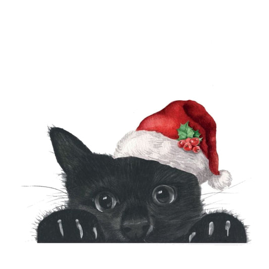 Sansuna the Peeking Cat Santa Hat Festive Christmas Card — card front