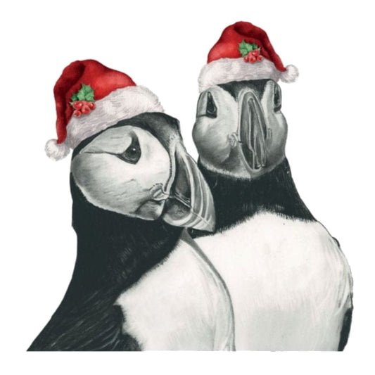 Gemini the Puffins Festive Red Hat Christmas Card — card front