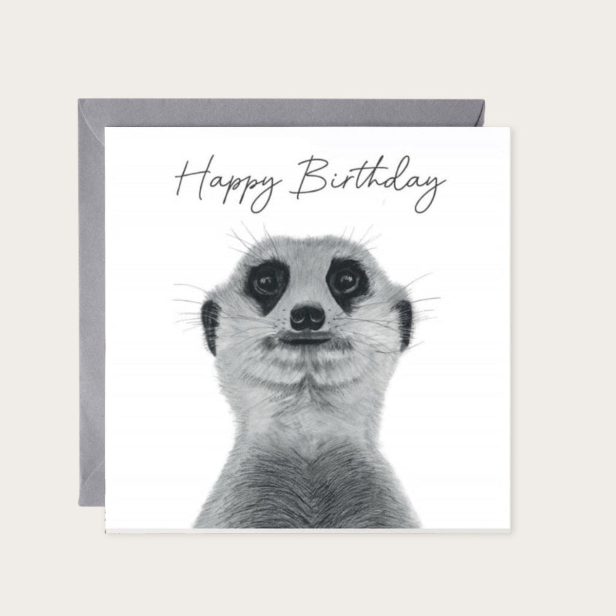 Cheeky Meerkat Birthday Card – Hand-Drawn Illustration — card with grey envelope