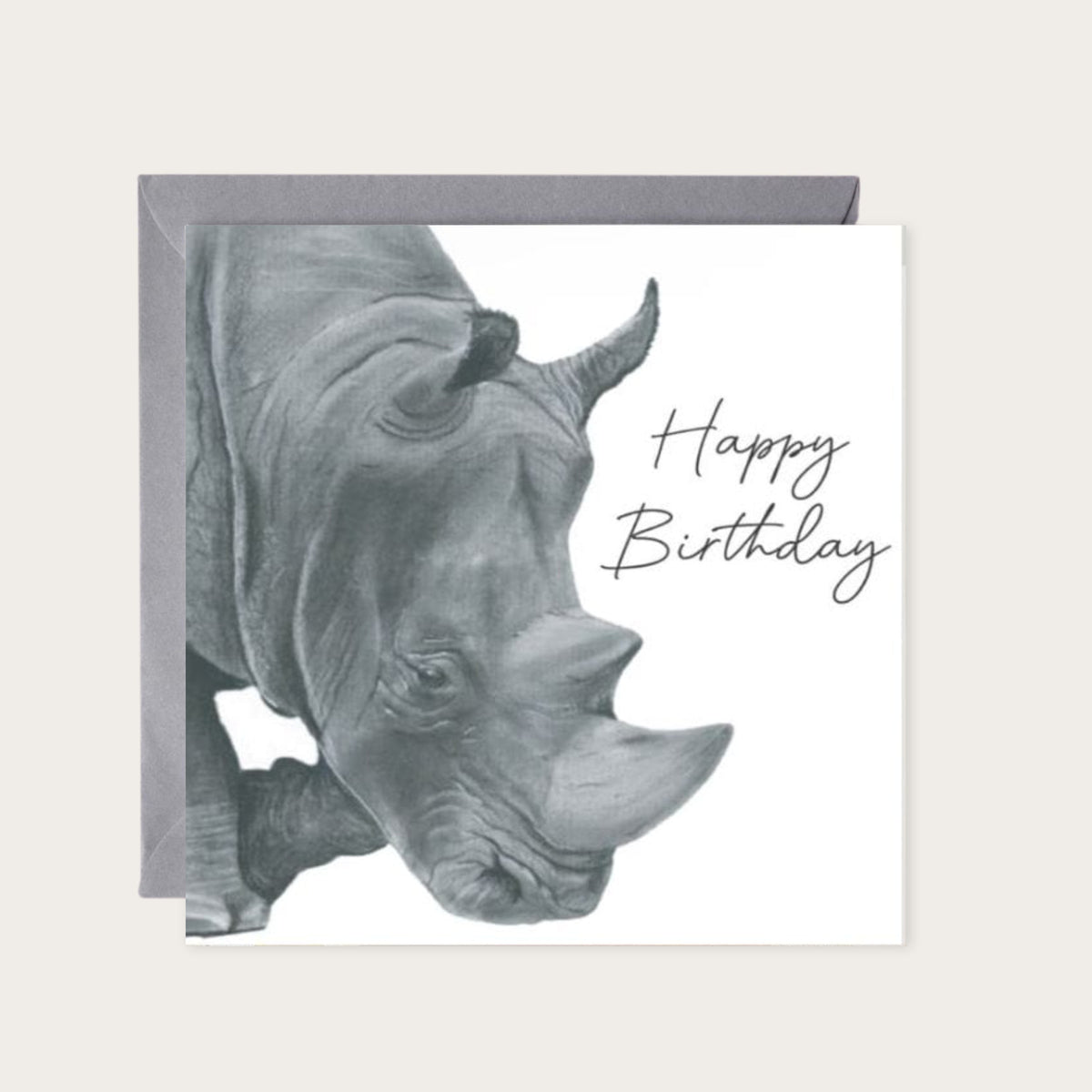 Happy Birthday Rhino Card – Hand-Drawn Illustration — card with grey envelope