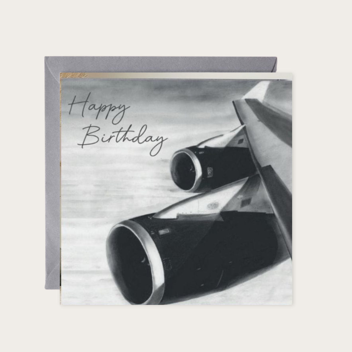 Happy Birthday 747 Aircraft Wing Card — card with grey envelope
