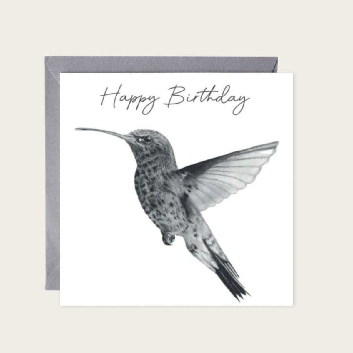Happy Birthday Hummingbird Card — card with grey envelope