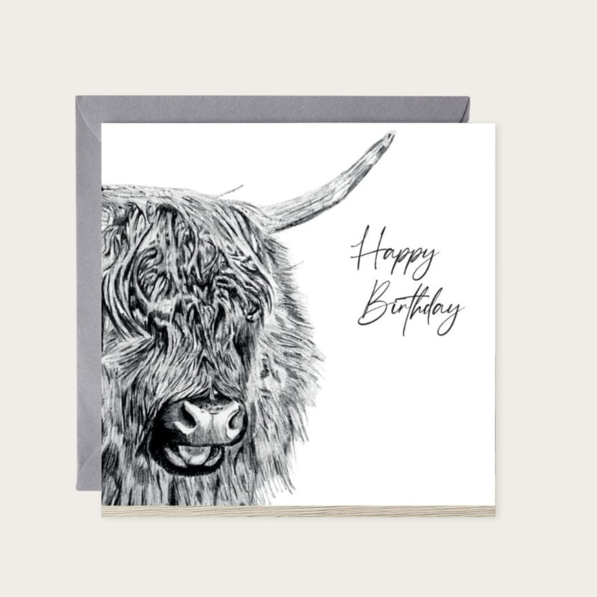 Highland Cow Birthday Card – Hand-Drawn Scottish Card — card with grey envelope