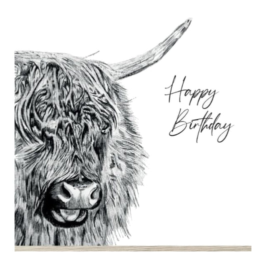 Highland Cow Birthday Card – Hand-Drawn Scottish Card — card front