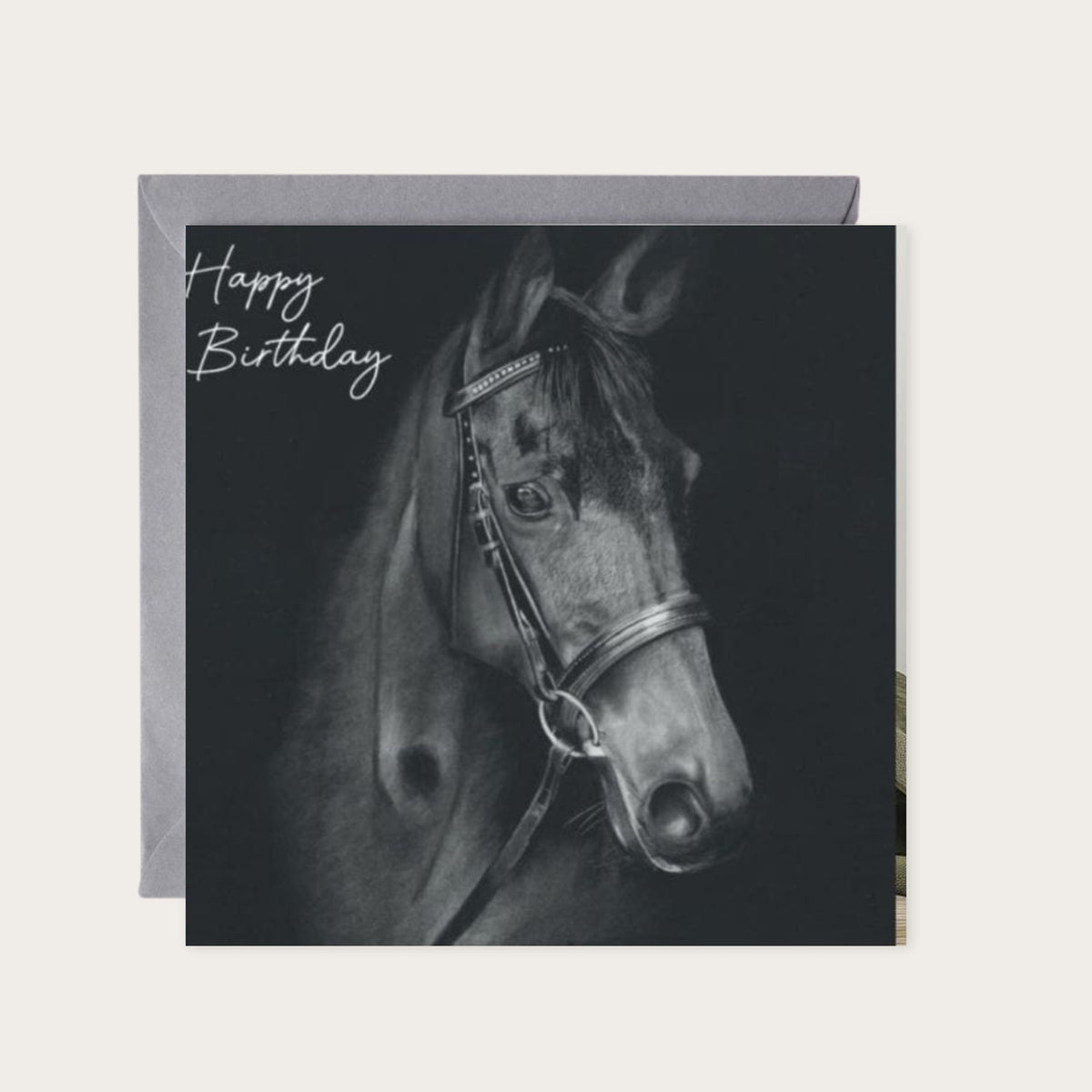 Happy Birthday Narla the Horse — card with grey envelope