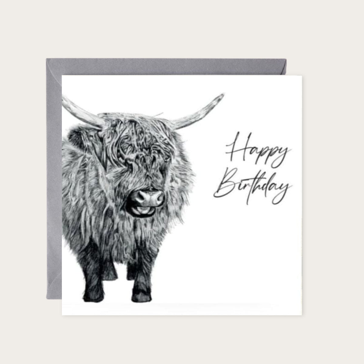 Happy Birthday Baby Highland Cow — card with grey envelope