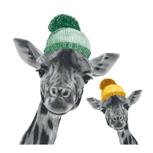 Giraffe and Baby Bobble Hat Greeting Card — card front