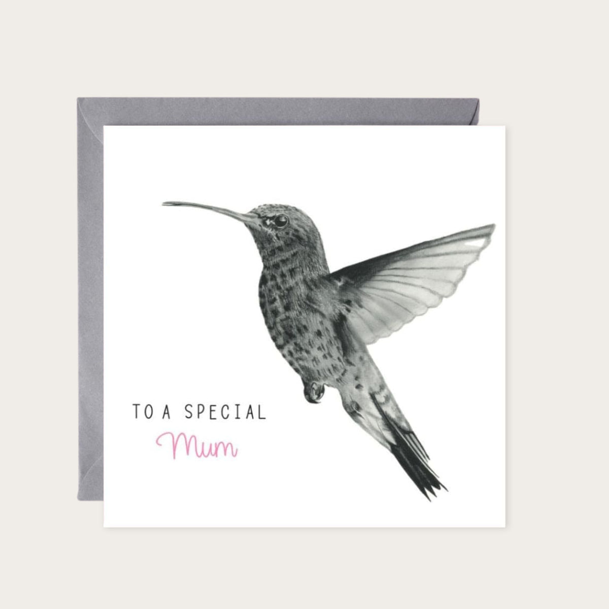 To A Special Mum Hummingbird Card — card with grey envelope