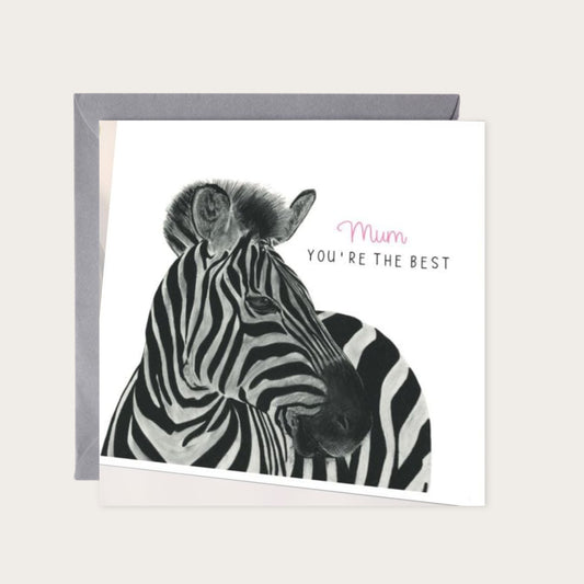 Mum You’re the Best Zebra Card — card with grey envelope