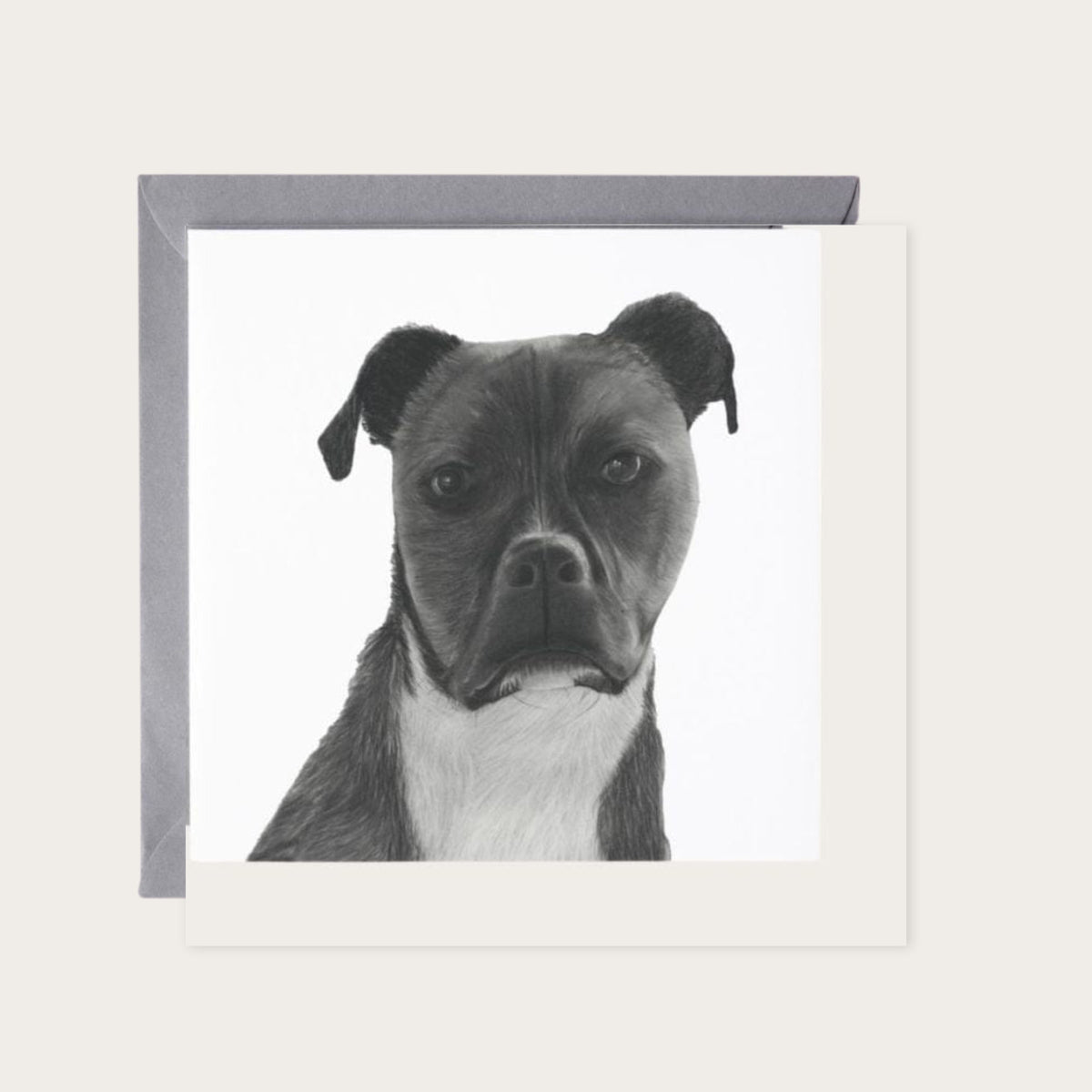 Staffy Cross Jabbah Greeting Card — card with grey envelope