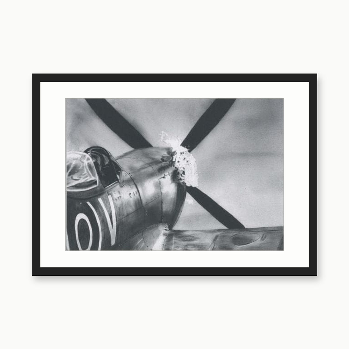 'Hot Starter' Spitfire Aircraft Fine Art Print – black rectangular frame with white mount