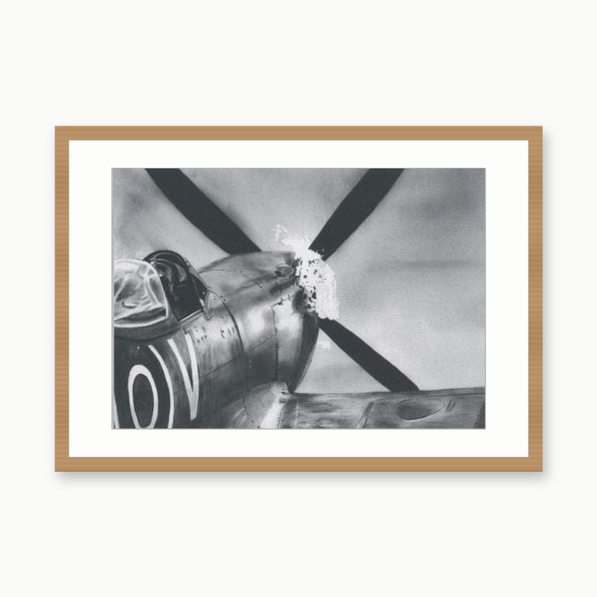 'Hot Starter' Spitfire Aircraft Fine Art Print – oak rectangular frame with white mount