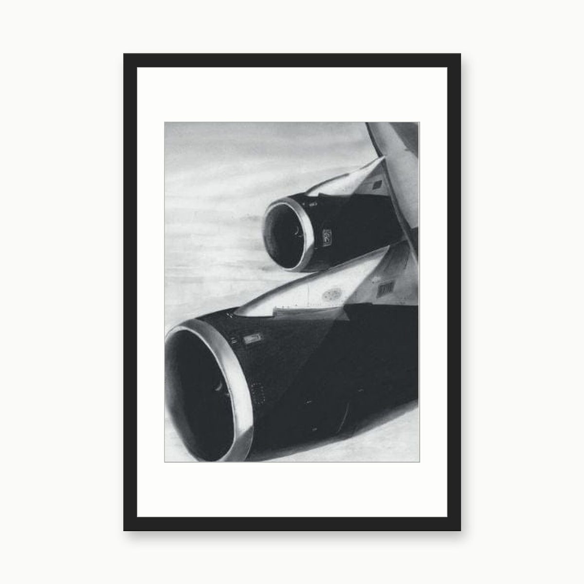 747 Aircraft Wing Fine Art Print – Iconic Aviation Illustration – black rectangular frame with white mount
