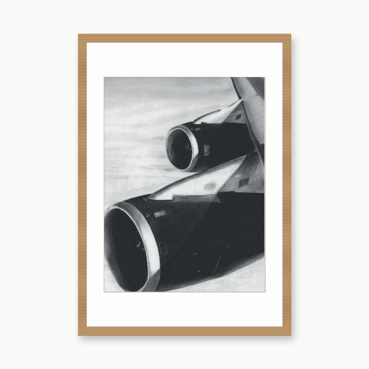 747 Aircraft Wing Fine Art Print – Iconic Aviation Illustration – oak rectangular frame with white mount