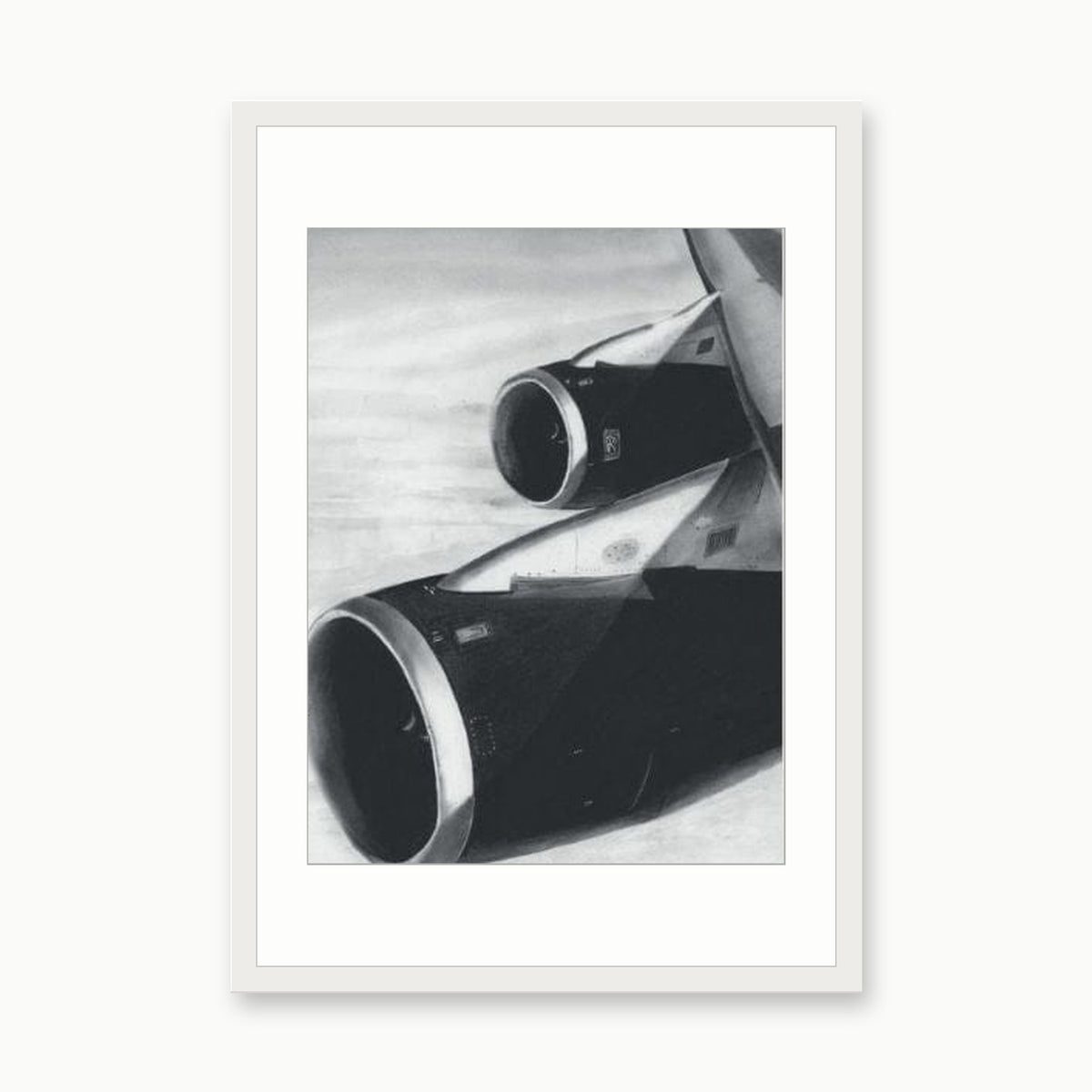 747 Aircraft Wing Fine Art Print – Iconic Aviation Illustration – white rectangular frame with white mount