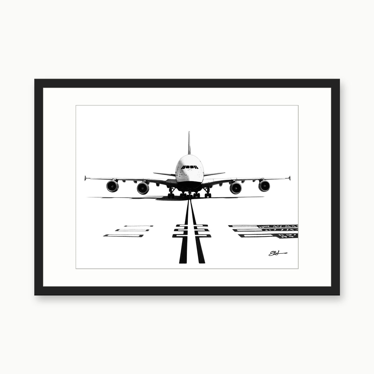 Airbus A380 Hand-Drawn Print – Iconic Aviation Art for Plane Enthusiasts & Collectors – black rectangular frame with white mount