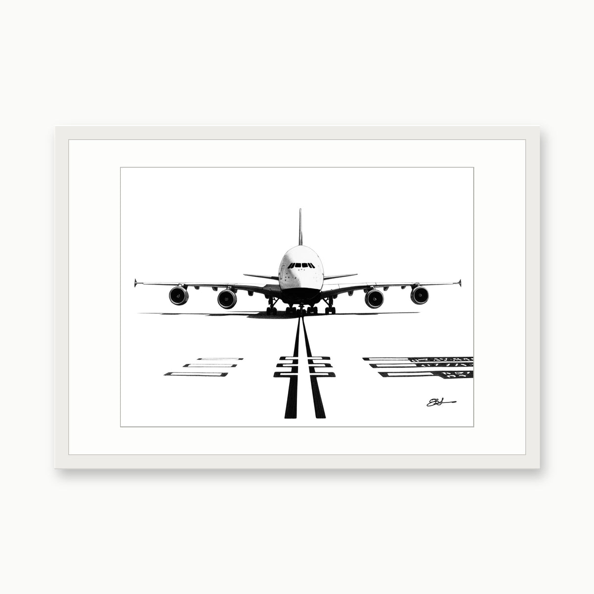 Airbus A380 Hand-Drawn Print – Iconic Aviation Art for Plane Enthusiasts & Collectors – white rectangular frame with white mount