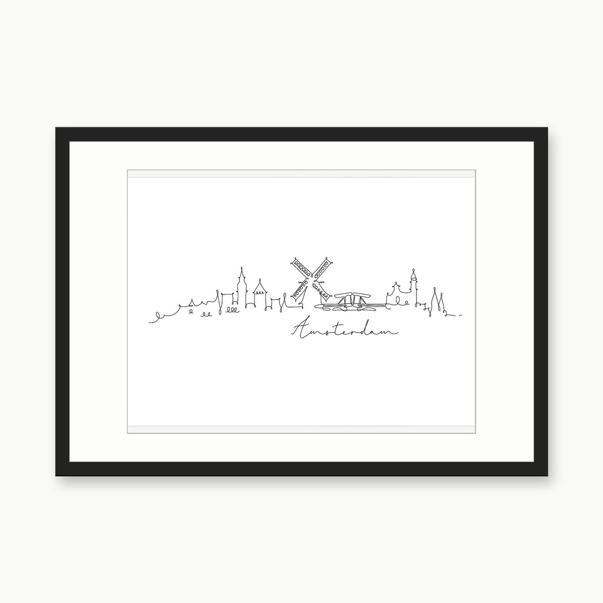 Amsterdam Skyline Print – black rectangular frame with white mount