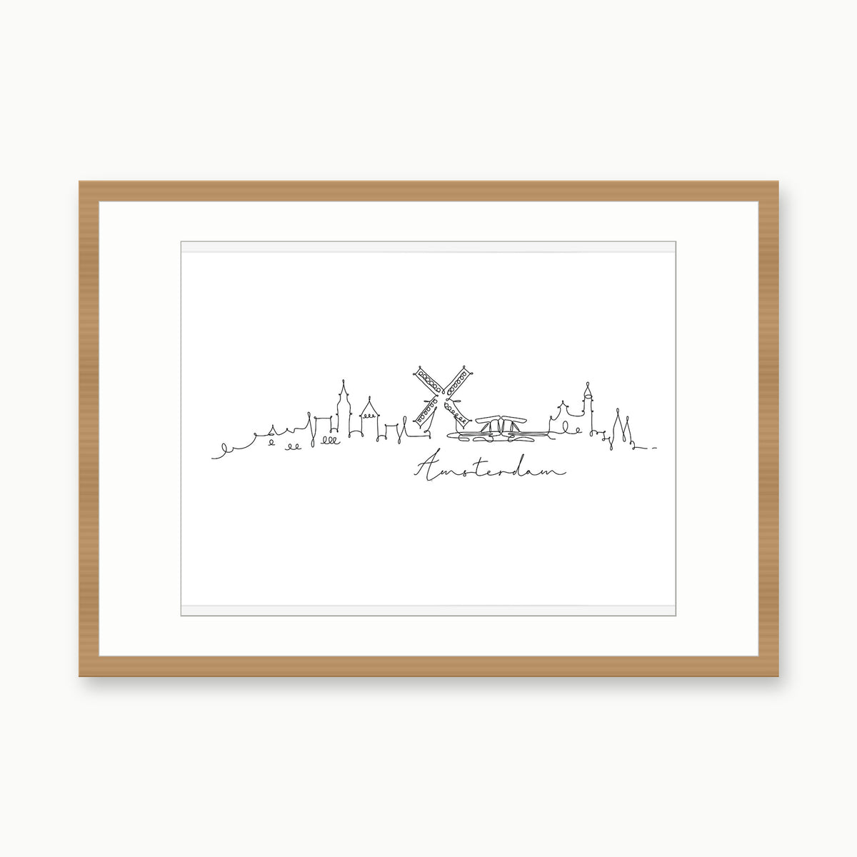 Amsterdam Skyline Print – oak rectangular frame with white mount