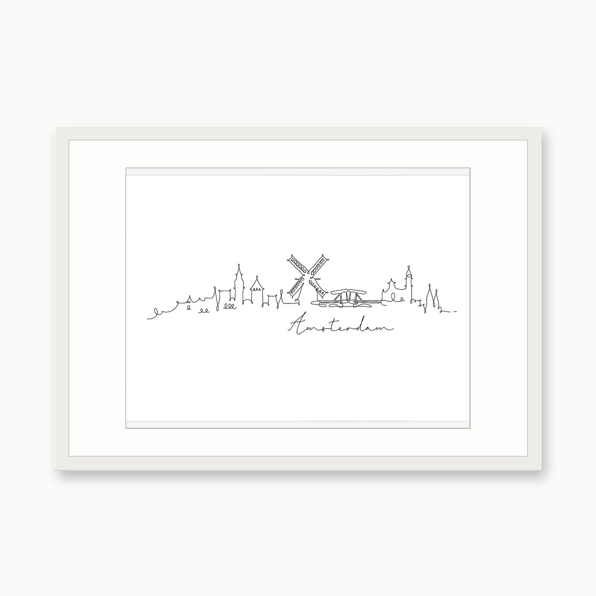 Amsterdam Skyline Print – white rectangular frame with white mount