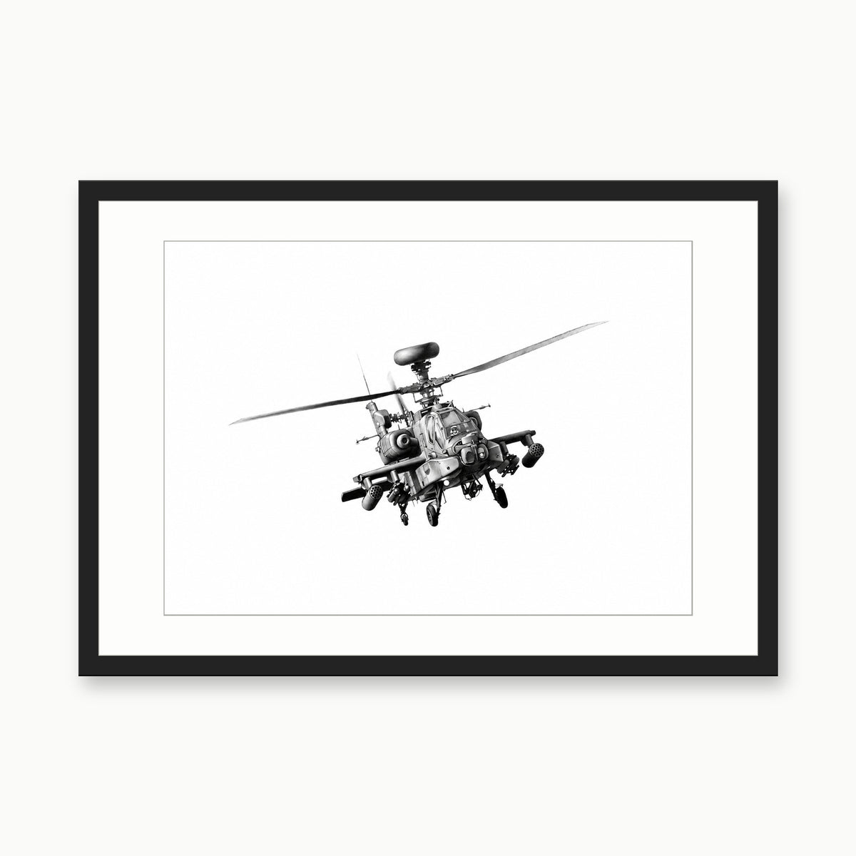 Apache Helicopter Fine Art Print – black rectangular frame with white mount
