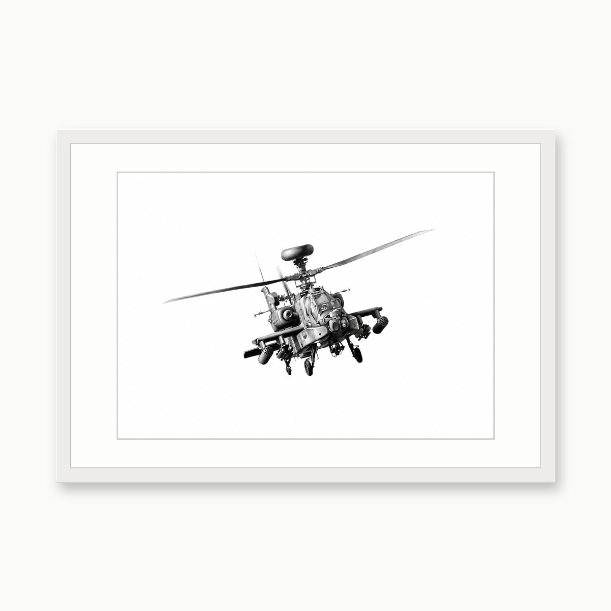 Apache Helicopter Fine Art Print – white rectangular frame with white mount
